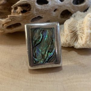 Vintage Retro Chunky 925 Sterling Silver Oblong Abalone Ring Mexico Adjustable